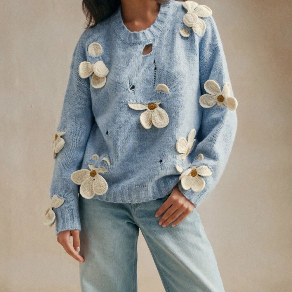 Blue Casual Women's Hand Crochet 3d Floral Decor Soft Round Neck Knitted Sweater - Picture 6 of 8